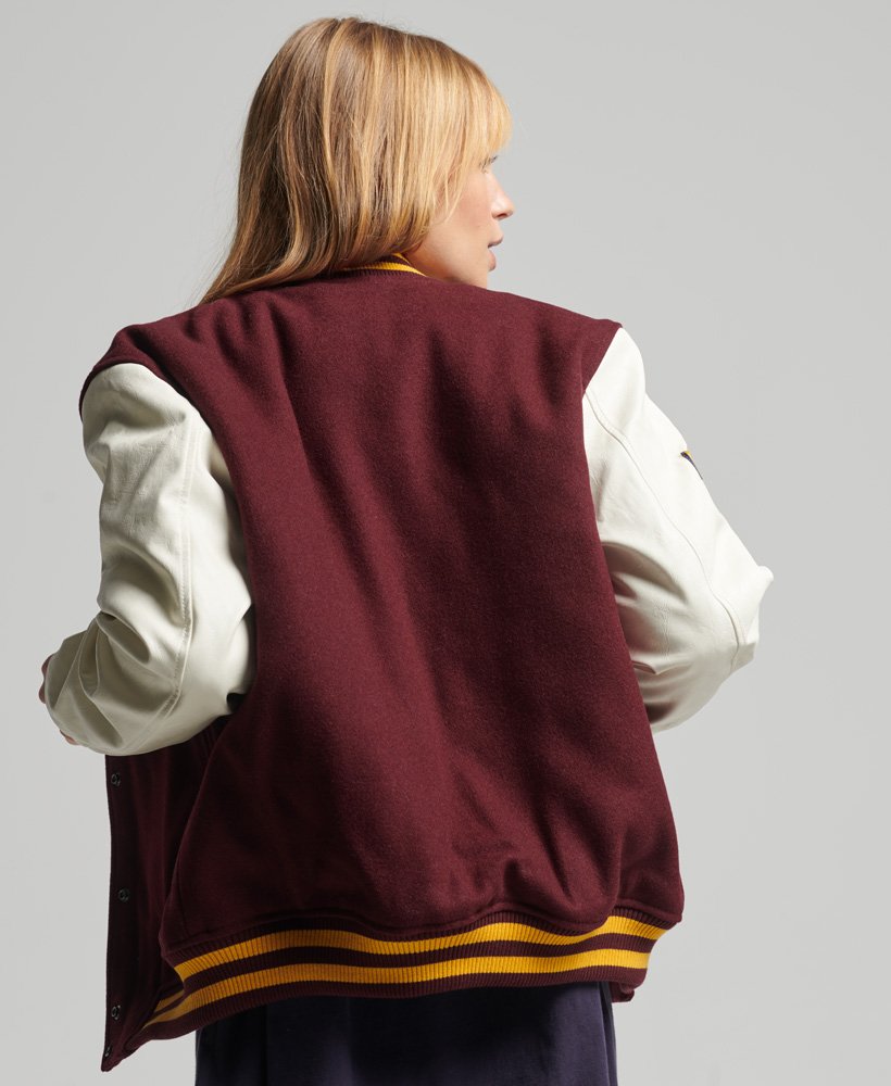 Women's Maroon & White Sleeves Varsity Bomber Leather Jacket
