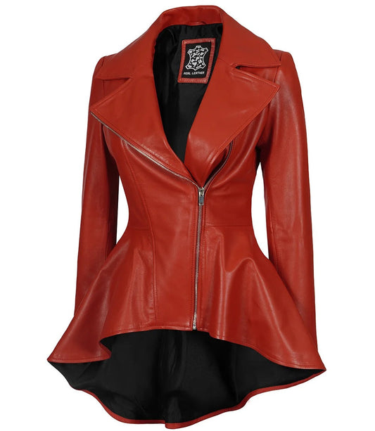 Avanzar Leather Women's Biker Style Red Leather Peplum Jacket