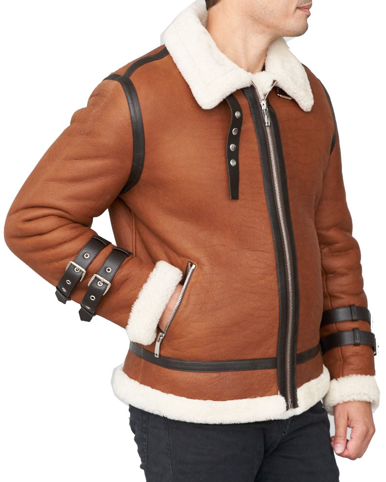Shearling Sheepskin Moto Jacket Brown